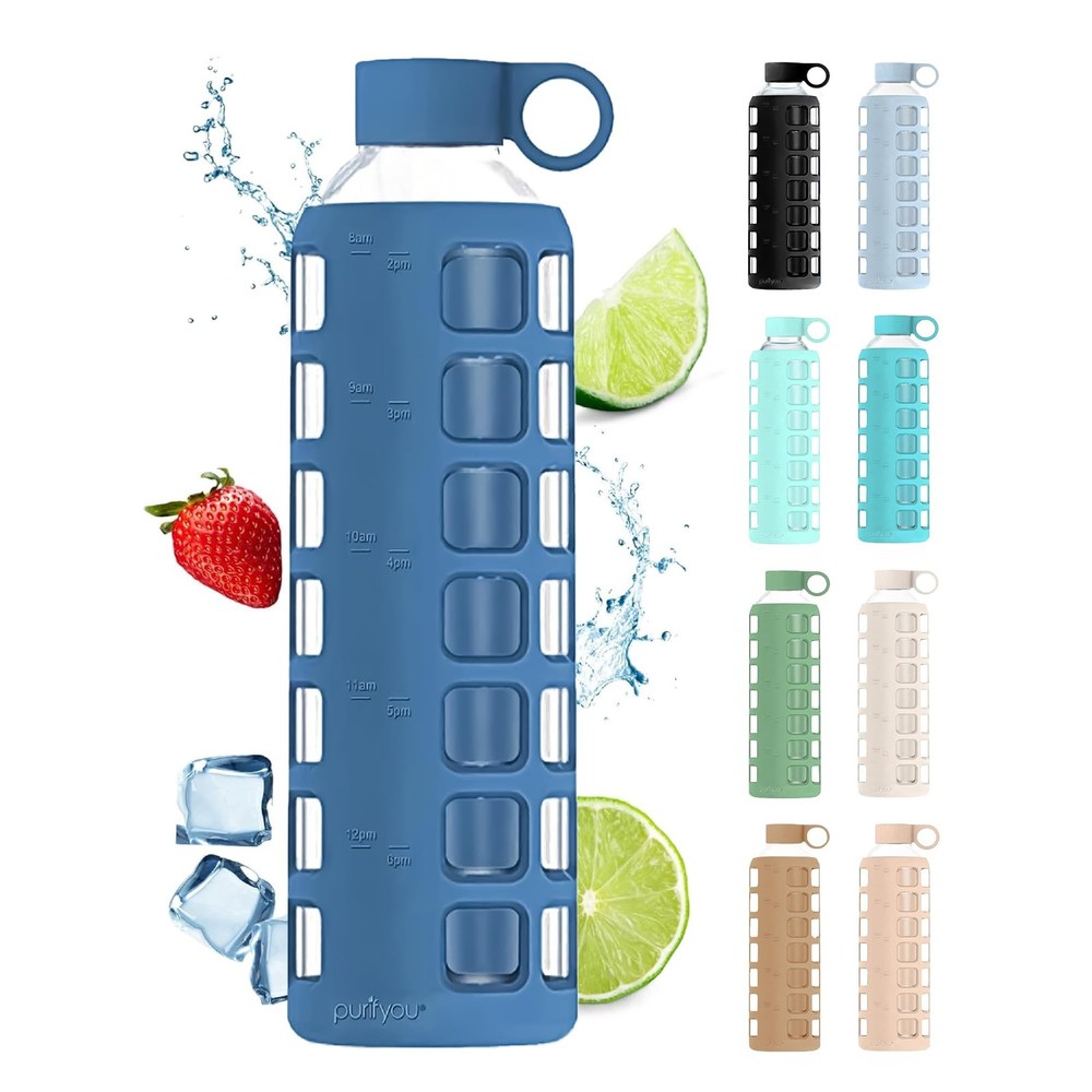 purifyou 40oz / 32oz / 22oz / 12oz Borosilicate Glass Water Bottle with Time ...