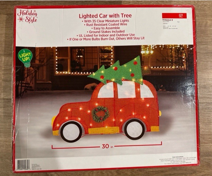 Christmas Holiday Style Lighted Car With Xmas Tree 30” Yard Outdoor Decoration