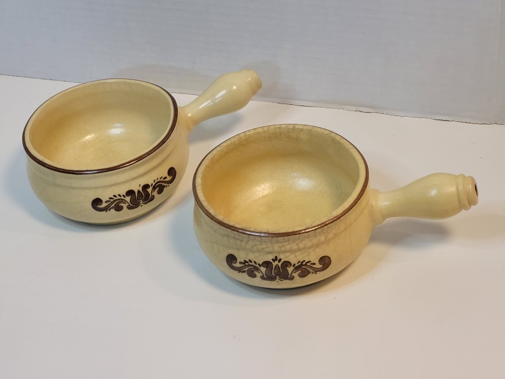 Two Phalzgraph Village Onion Soup Bowls with Handles Beige Stoneware