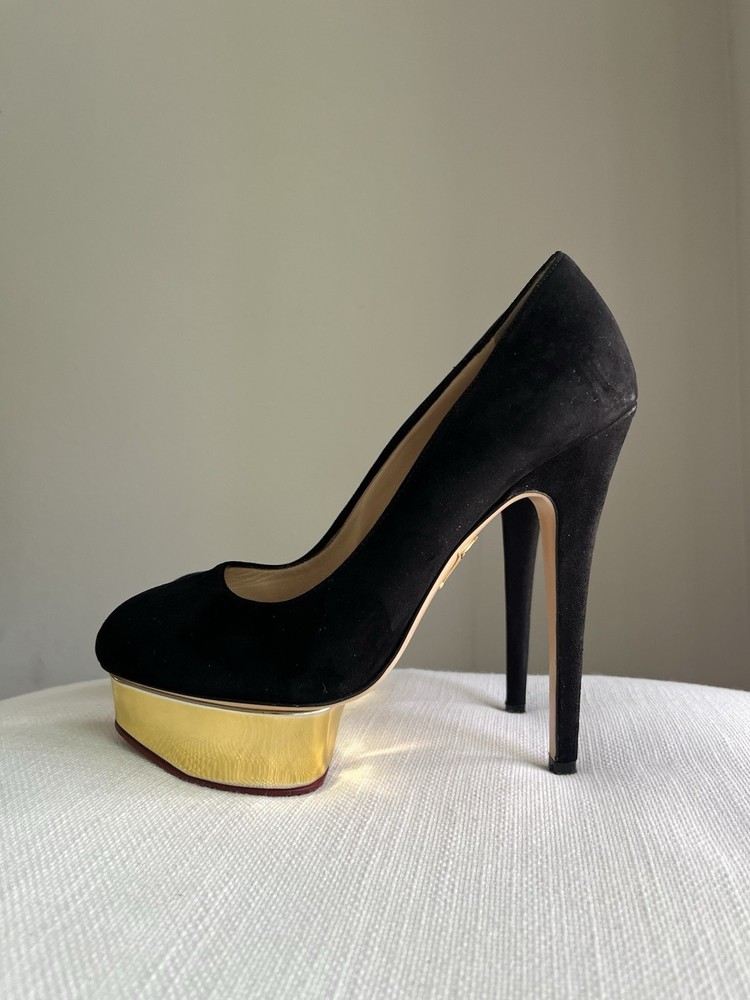 Charlotte Olympia 37 Black and Gold Dolly Platform Heels