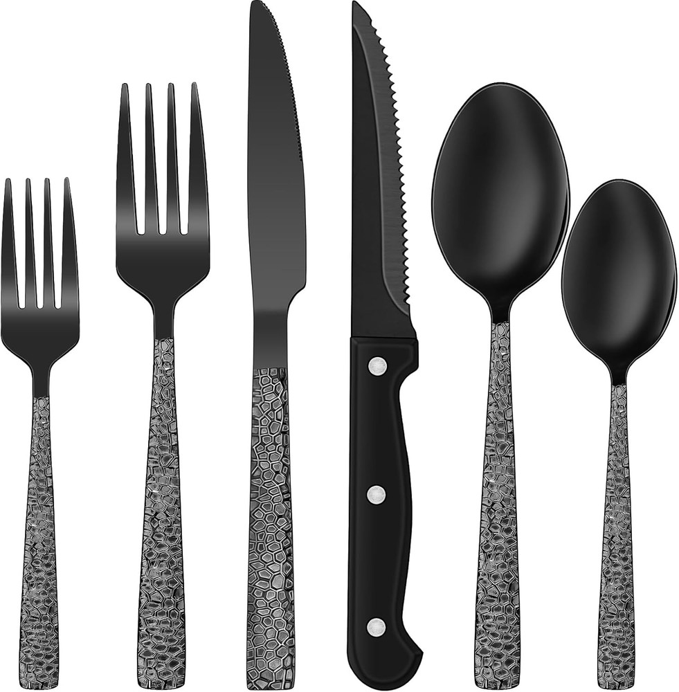 24-Piece Black Hammered Stainless Steel Square Flatware Set for Modern Dining