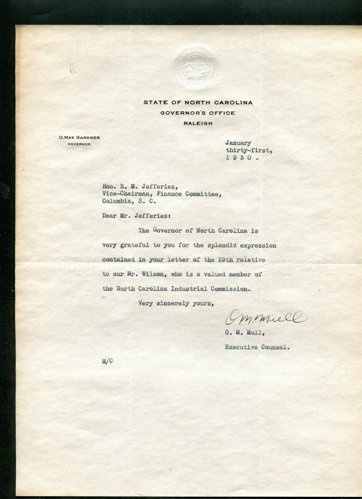 1930 STATE OF NC GOVERNOR'S OFFICE RALEIGH LETTERHEAD LETTER O M MULL EXEC COUN