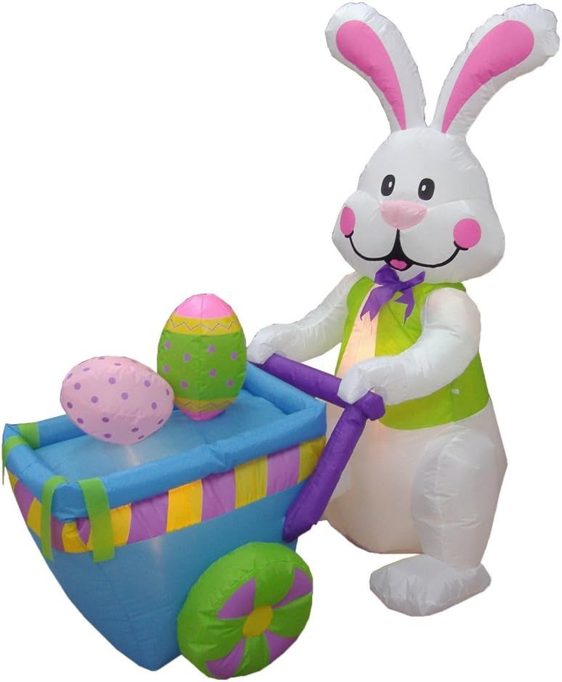 4FT Easter Inflatable Happy Bunny Rabbit with Cart and 2 Eggs for Outdoor Decor