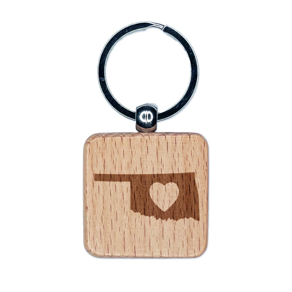 Oklahoma State Wood Keychain with Heart Engraving Charm