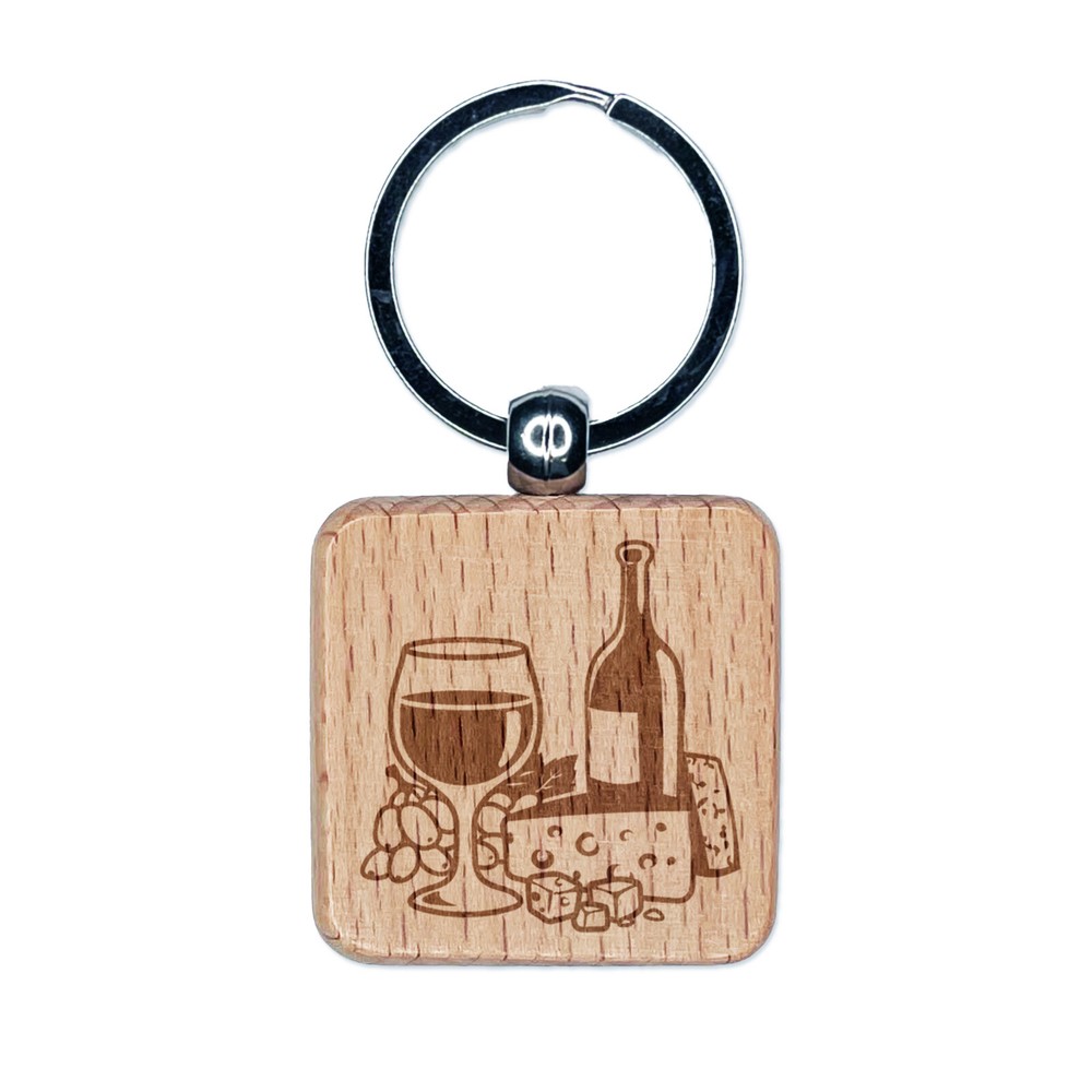 Wine and Cheese Engraved Wood Square Keychain Tag Charm