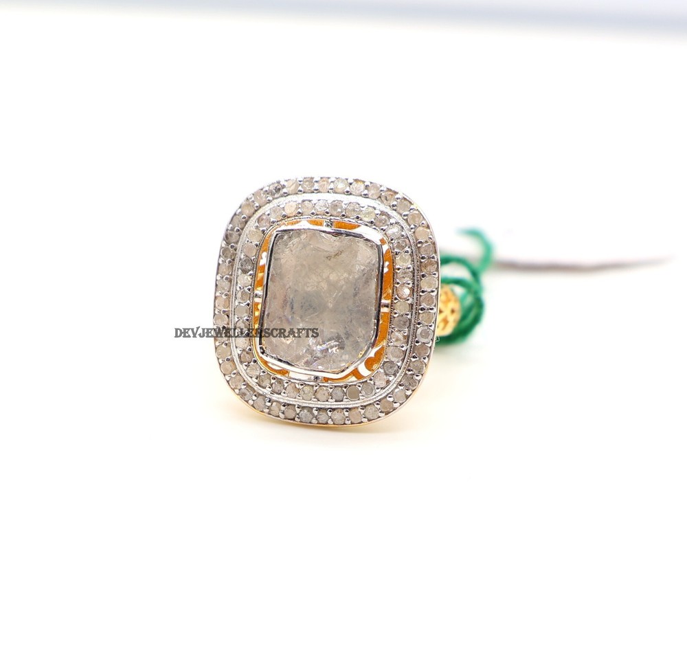 925 Sterling Silver Gold Plated Rose Cut Polki & Pave Diamond Ring