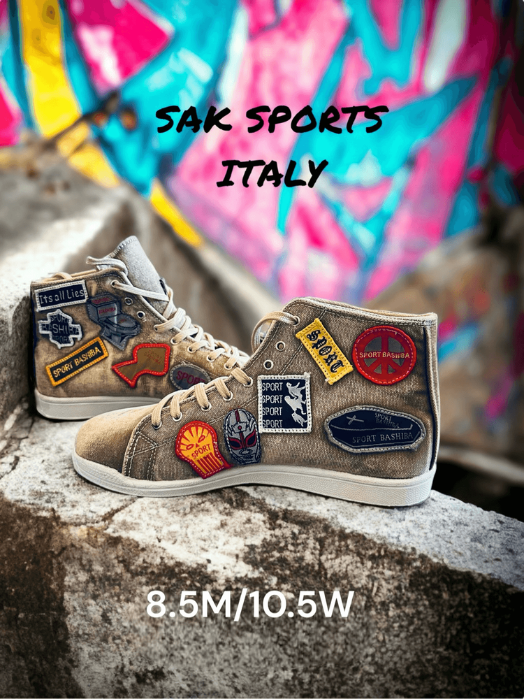 NWOB Sak Sports Italy Denim Patchwork Sneakers Fashion High Top Footwear