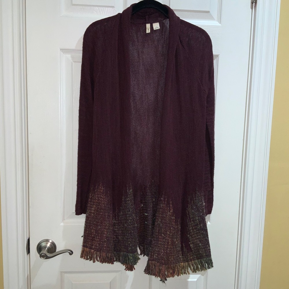 Anthropologie Burgundy Boho Fringe Moth Cardigan Size M Open Front Cottagecore  