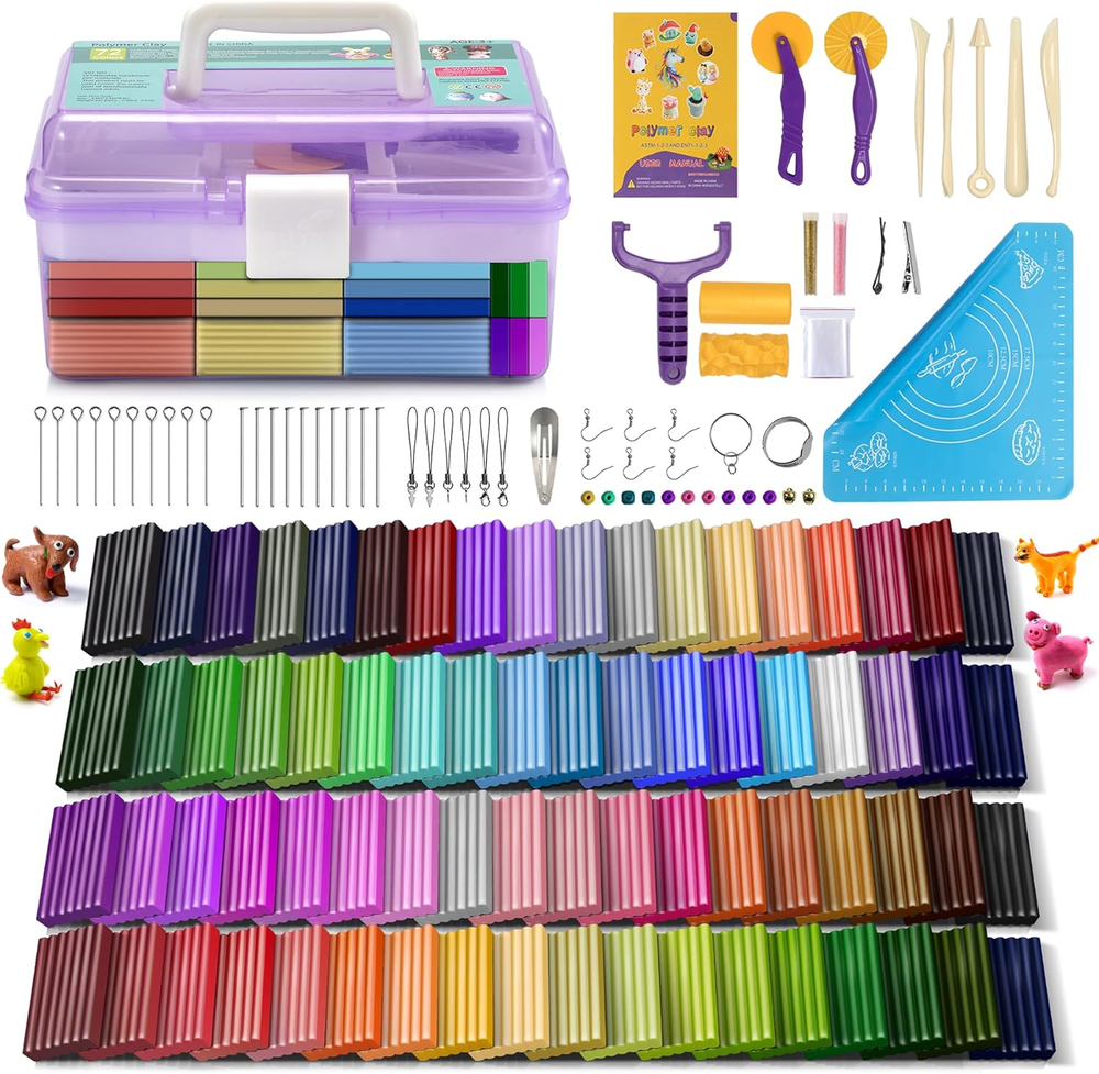 Polymer Clay 72 Colors, Modeling Clay for Kids, Non-Sticky Oven Bake Clay with S