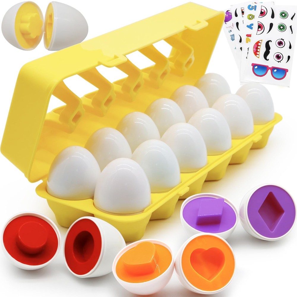 12-Piece Plastic Easter Egg Toys for Toddlers 1-3, Montessori Shape Sorter Puzzle Learning Game