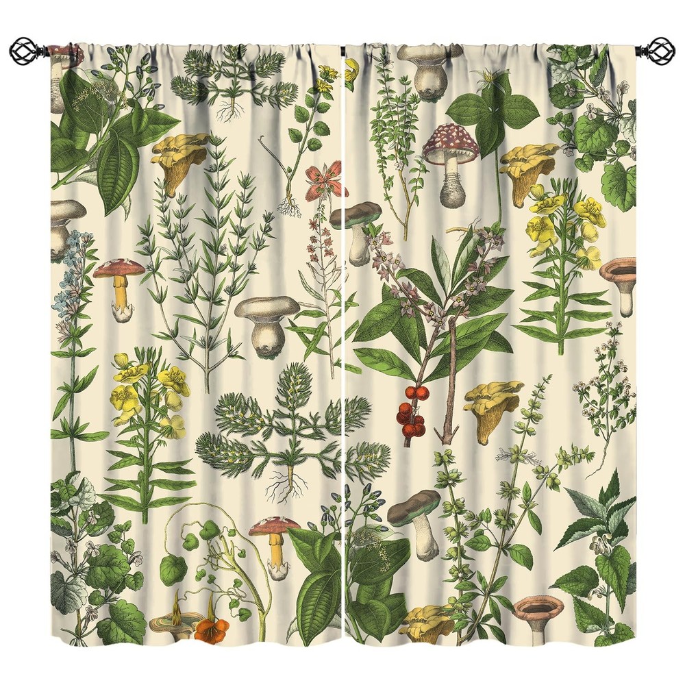 Vintage Botanical Curtains, 1900s Plants Herbs Mushroom Blackout Window Drapes