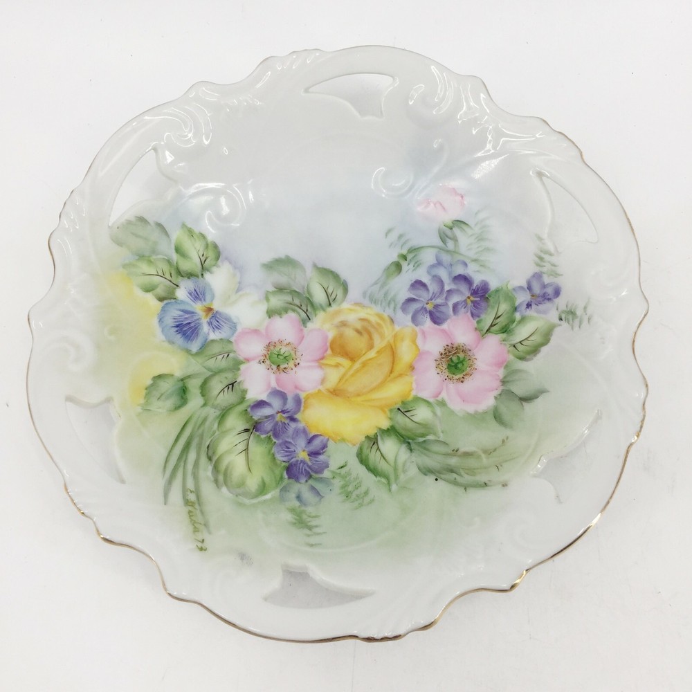 Vintage Hand Painted Pierced Reticulated Nut Dish Bowl Artist Signed E Duda 7.5