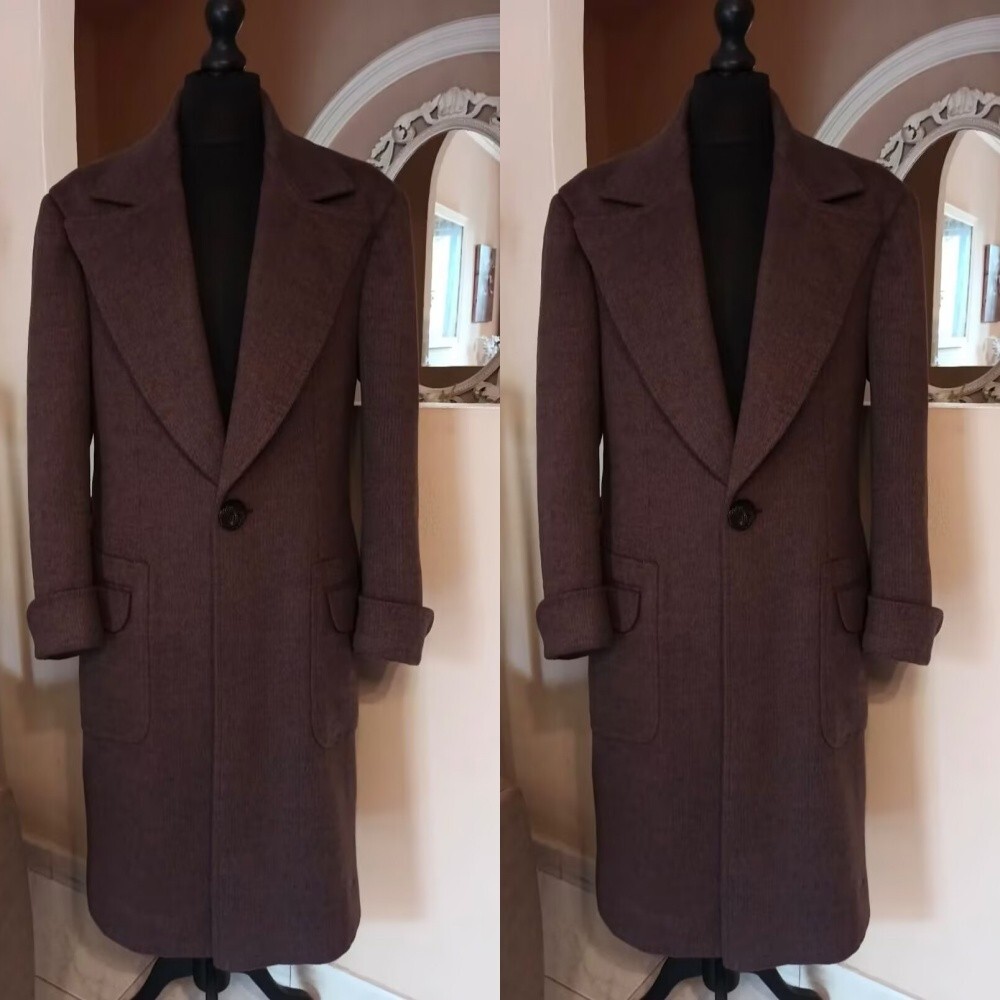 Dark Brown Wool Men's Long Overcoat Peak Lapel Winter Formal Warm Wear Long Coat