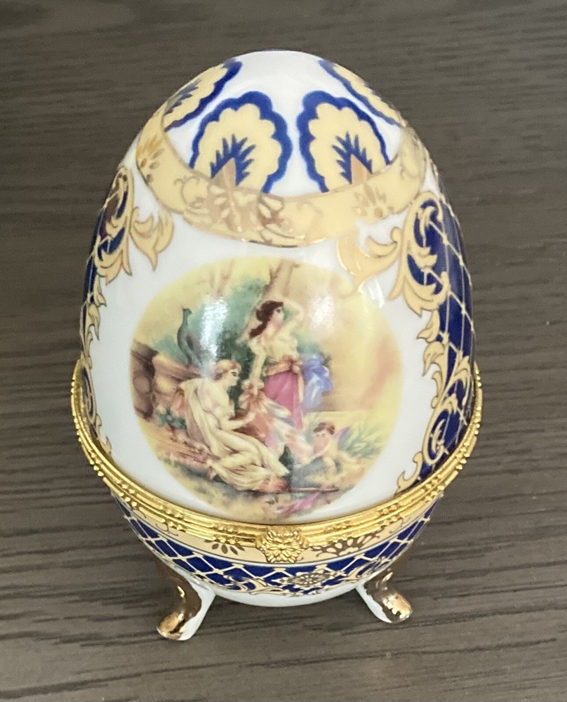 Vintage Blue & Gold Gilded Vecceli Porcelain Hinged Egg Trinket Box 5 Italy