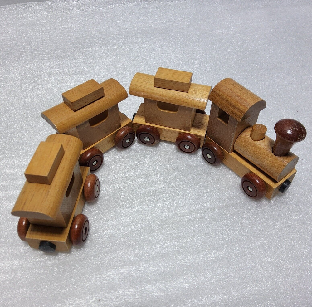 Vintage Handmade 2.25 Inch Tiny Wooden Toy Train Set 4 Piece Natural Wood