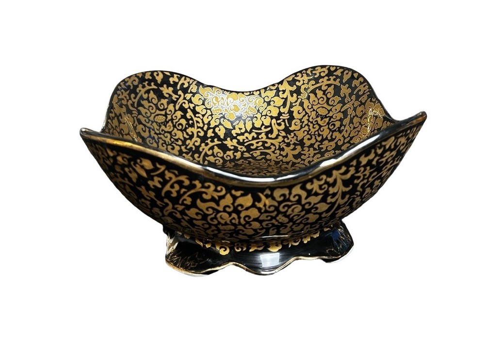 Black Gold Tapestry Scalloped Porcelain Trinket Center Bowl 11