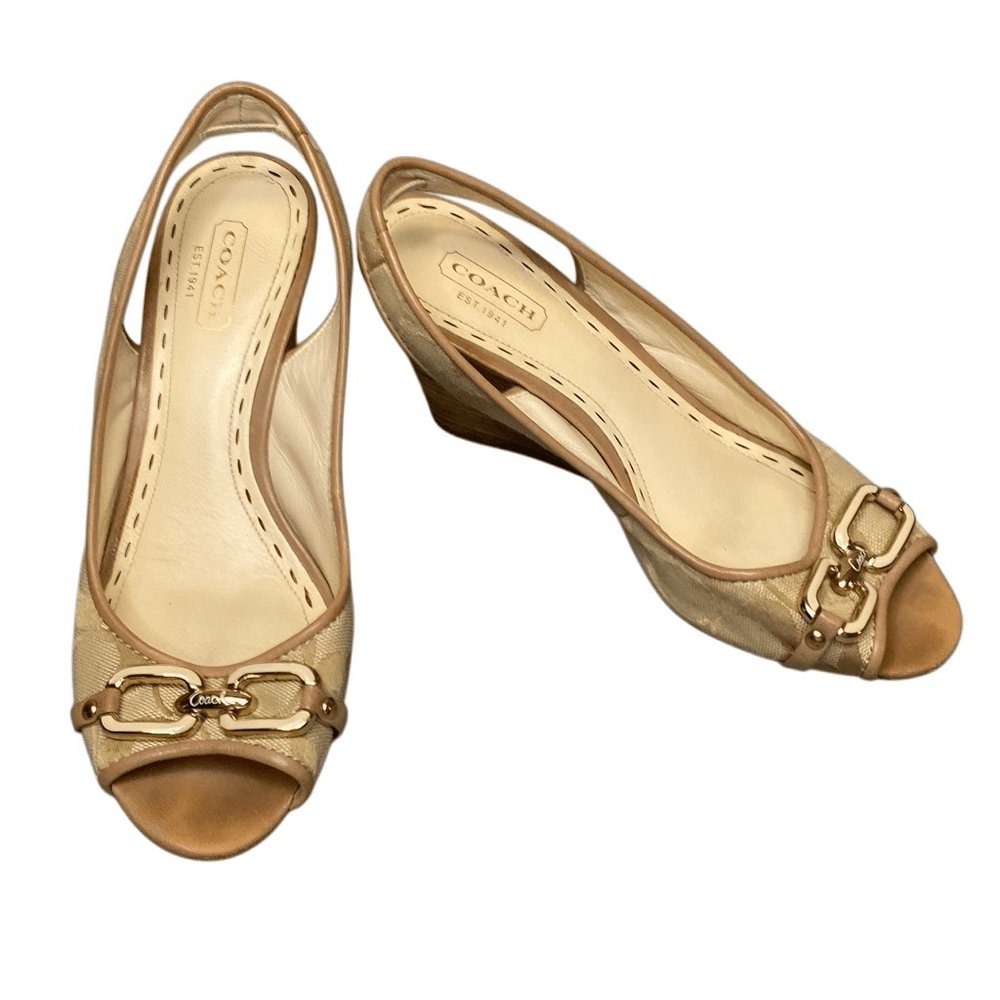 Coach Cynthia Tan Fabric Peep Toe Wedge Slingback Sandal Size 6B