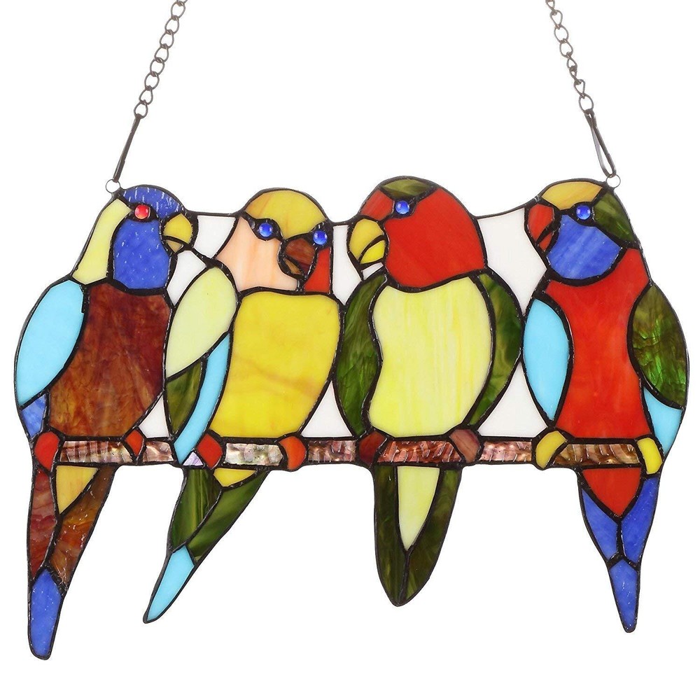 W10001 Tropical Birds Tiffany Style Stained Glass Window Panel with Chain, 14...