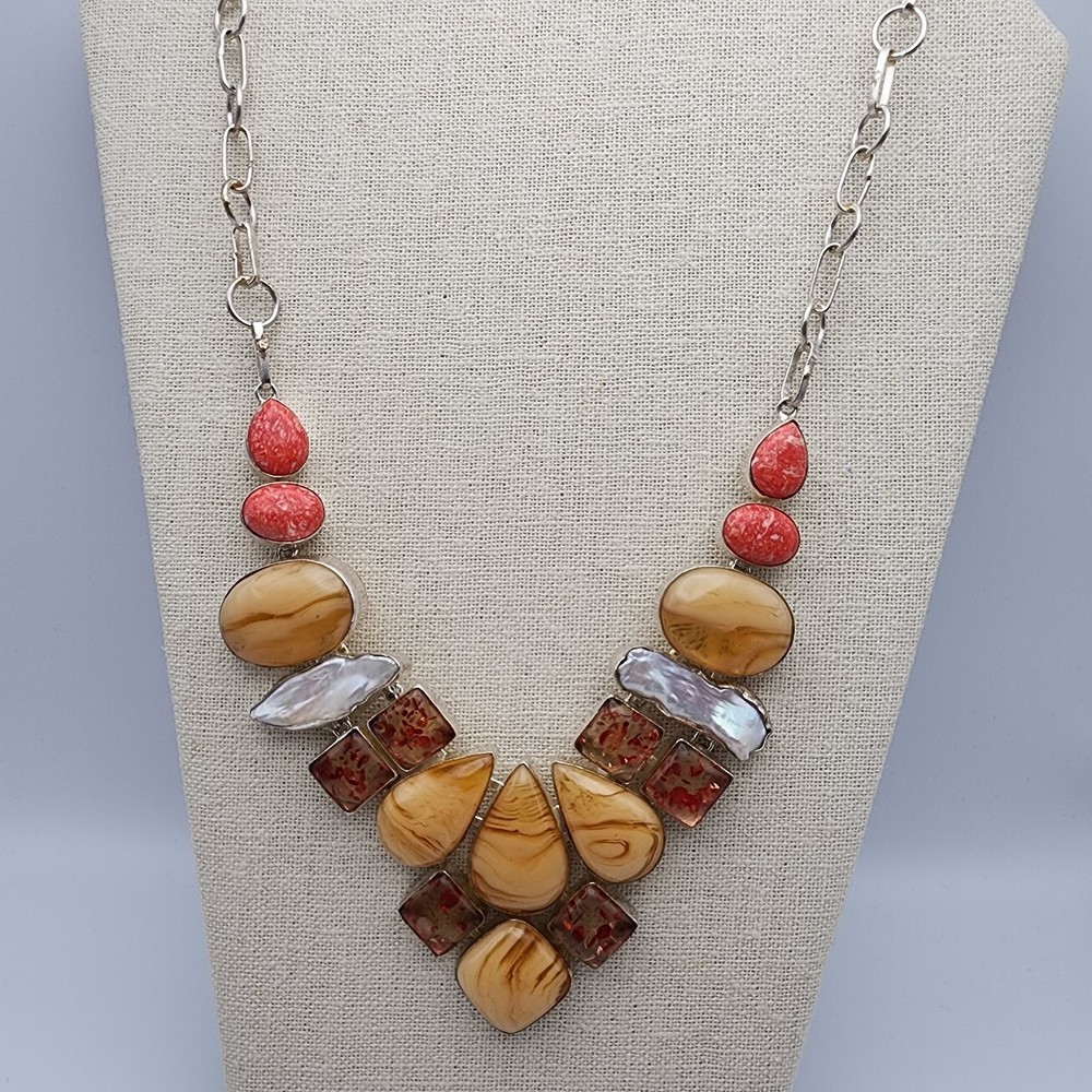 Geometric Teardrop Square Biwa Pearl Lucite Silver Plate Bib OrangeTan Necklace