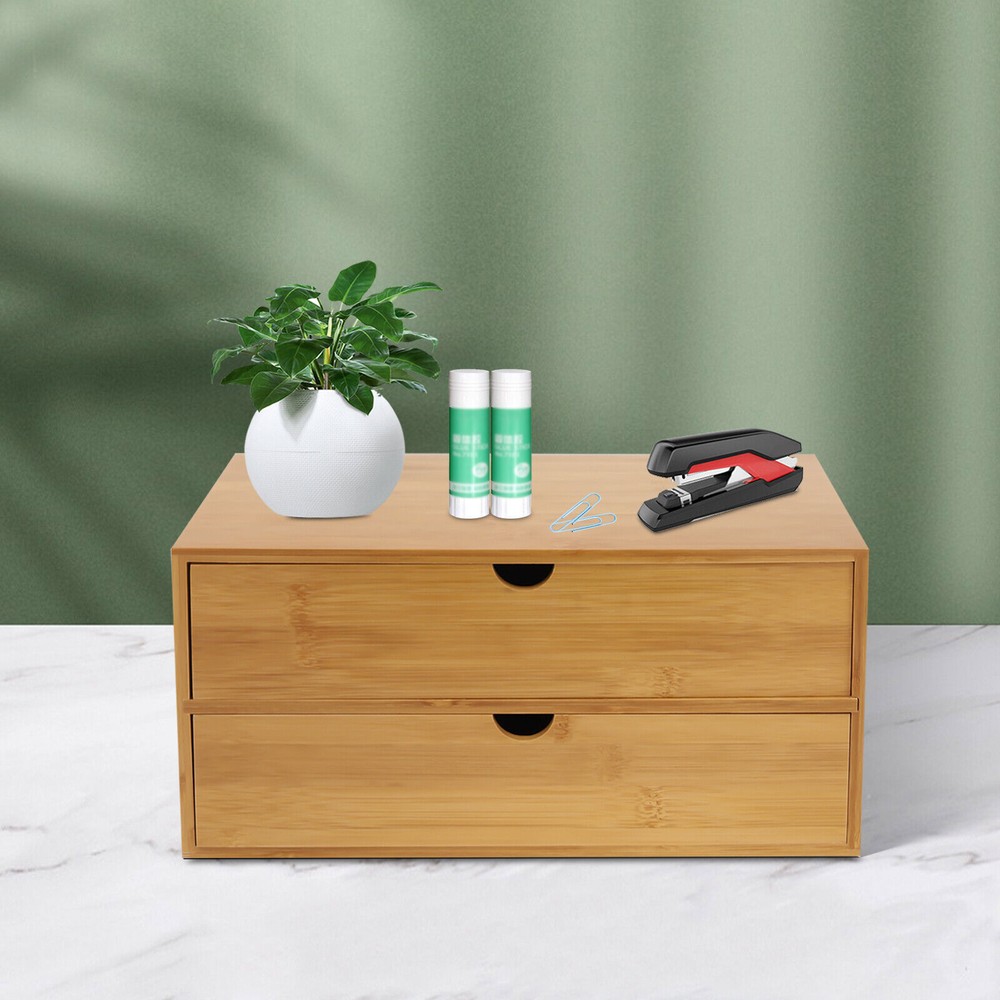 Bamboo Desk Organizer with 2 Drawers Tabletop Cosmetic Storage Simple Design NEW