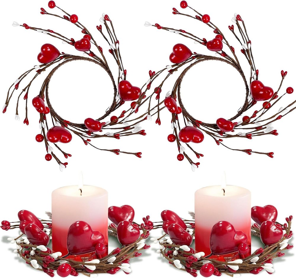 Red Heart Valentine Candle Rings for Wedding Table Decor