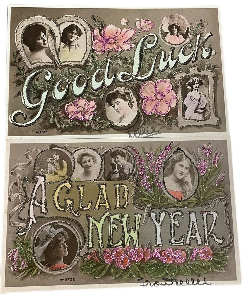 Antique silver print postcards set of 2 vintage new year good luck ladies greetings-image