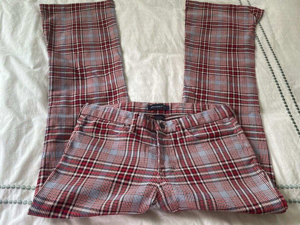 Women’s Abercrombie &Fitch Red Blue Black Plaid Bell Bottoms 4