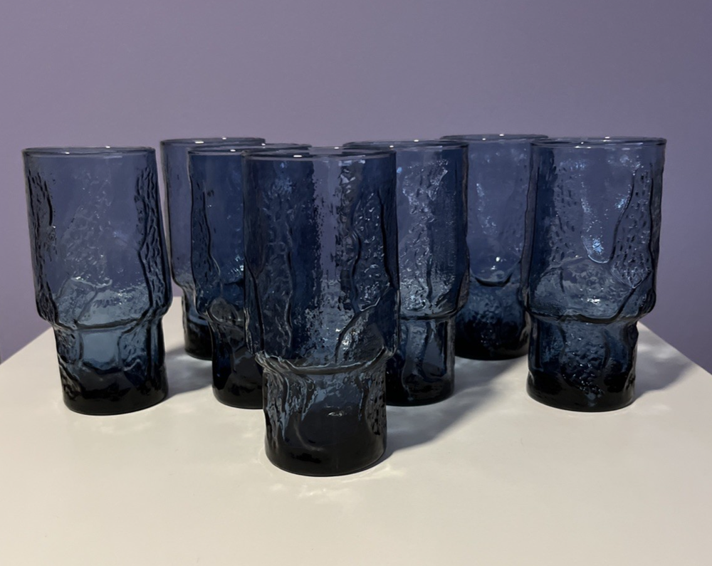 S/7 Libbey Normandy Blue Stone Textured Barware Water Glass Vtg MCM Circa 80's
