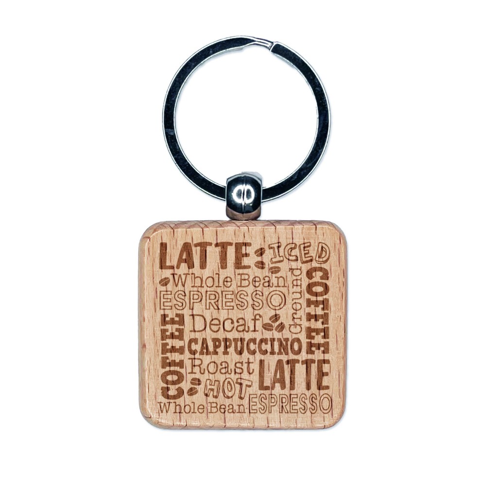 Coffee Words Engraved Wood Square Keychain Tag Charm