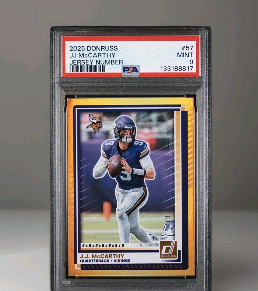 2025 Panini Donruss #57 J.J McCarthy Gold Jersey Number,/9 Minnesota PSA 9 POP 1