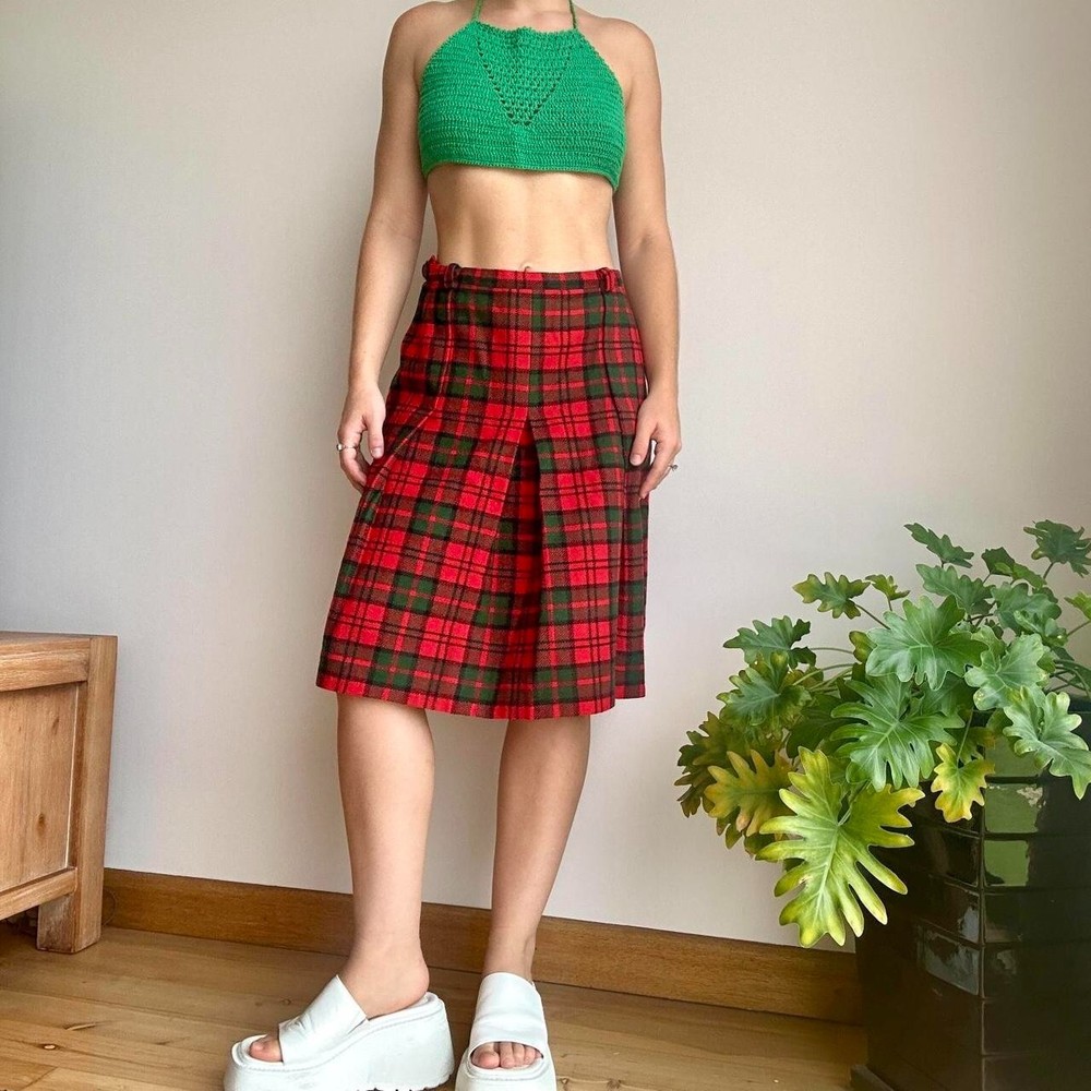 glenleigh tartan womens 6/8 red tartan gingham wool pleated midi skirt