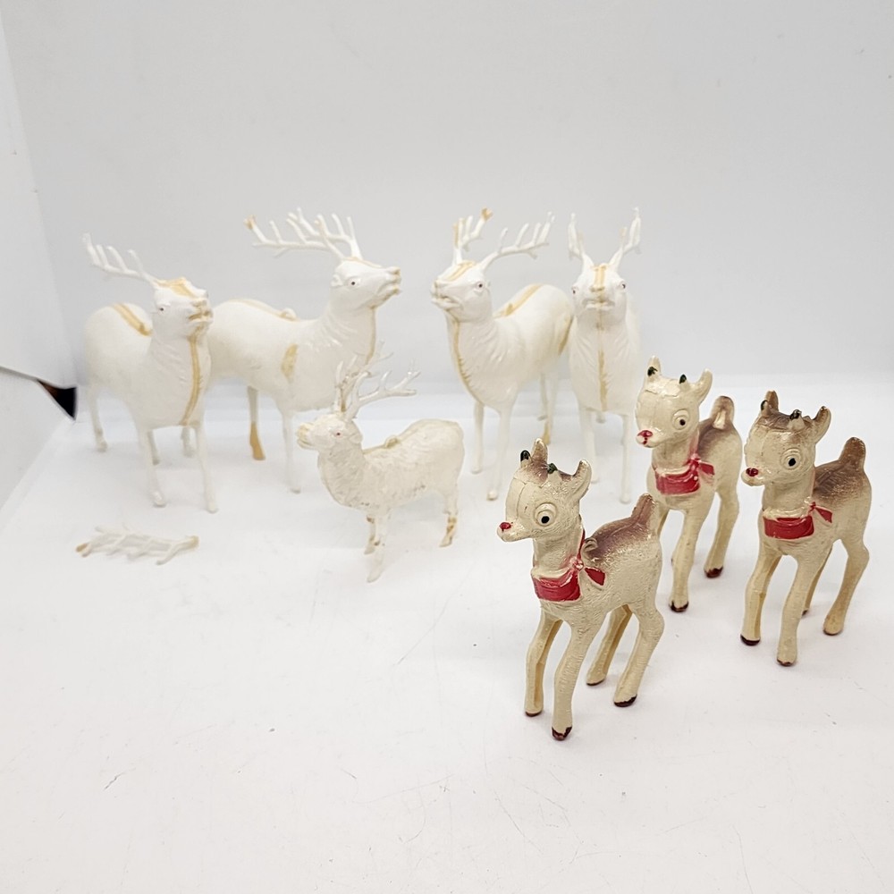 Vtg Christmas 8pcs Celluloid Hard Plastic Reindeer RUDOLPH Red Nose 1950s MCM
