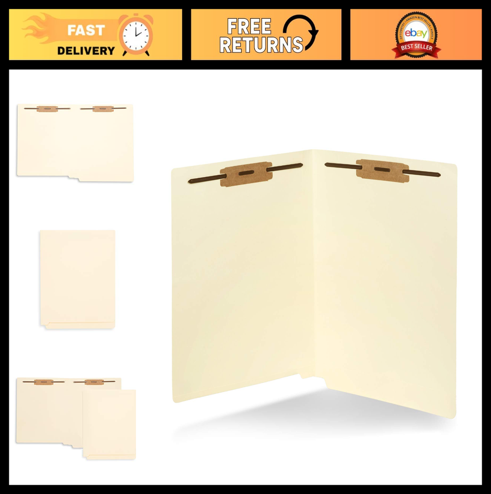 50 Pack End Tab Fastener File Folders - Reinforced 2 Prong, Straight Cut, Letter