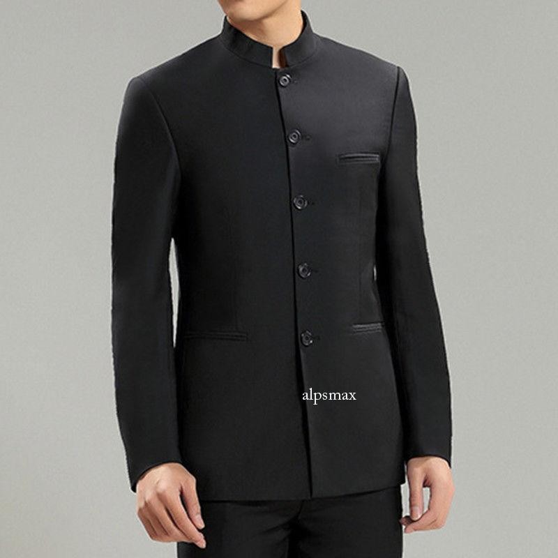 Men's Traditional Black Suit Jacket Mandarin Collar Tunic Suit Jacket Tops Coats