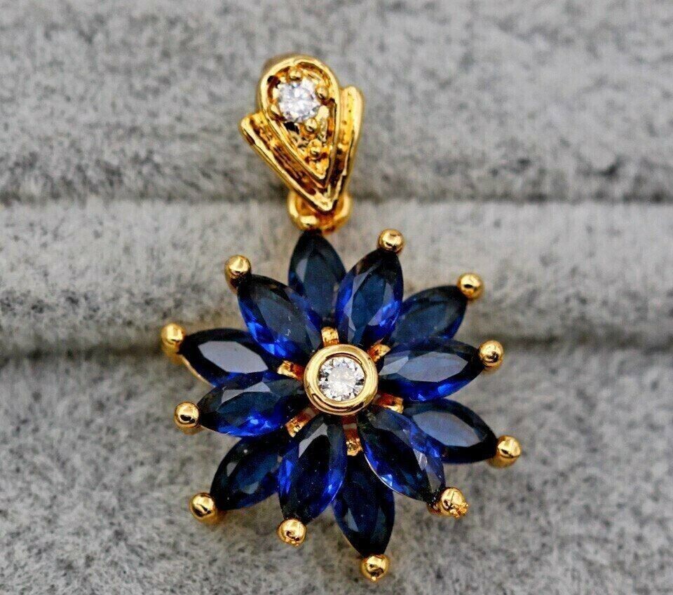 Flower Pendant 14K Yellow Gold Plated Lab Created 2.20 Ct Marquise Blue Sapphire