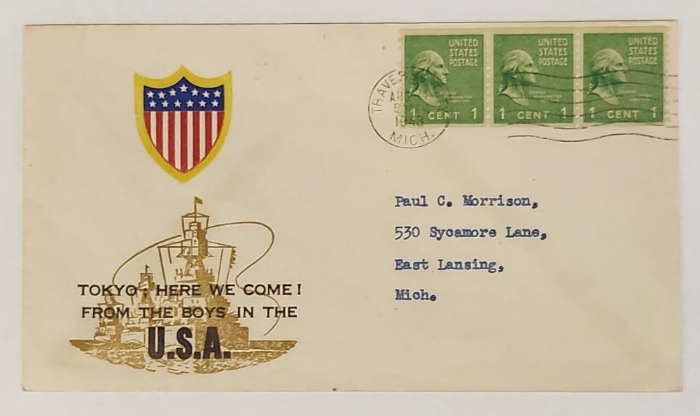 Tokyo Here We Come 1943 Patriotic Cover Washington 1 cent Coil Stamps