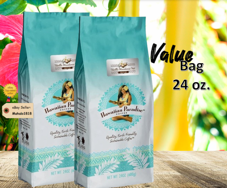 🌺TWO 24oz VANILLA MACADAMIA NUT Hawaiian Paradise Coffee Ground