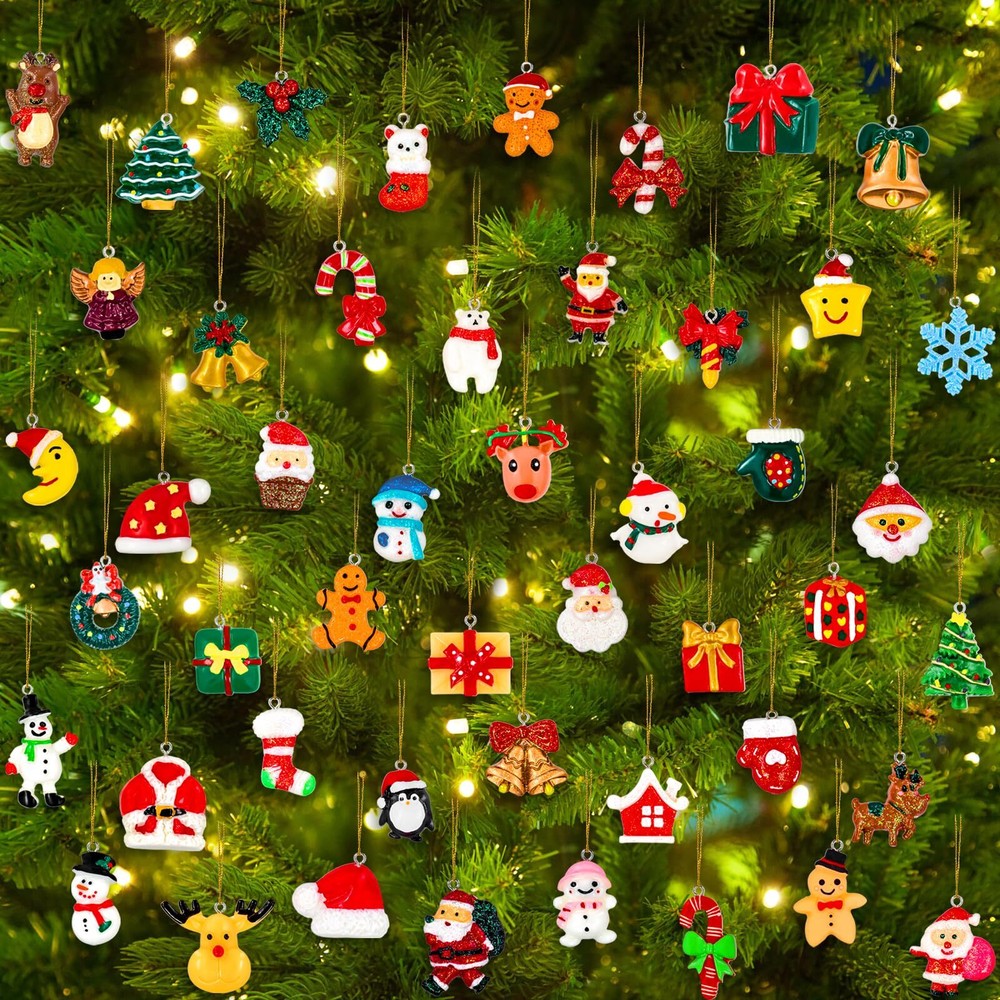 48PCS Mini Resin Christmas Ornaments Set, Tiny Hanging Decorations with Strin...