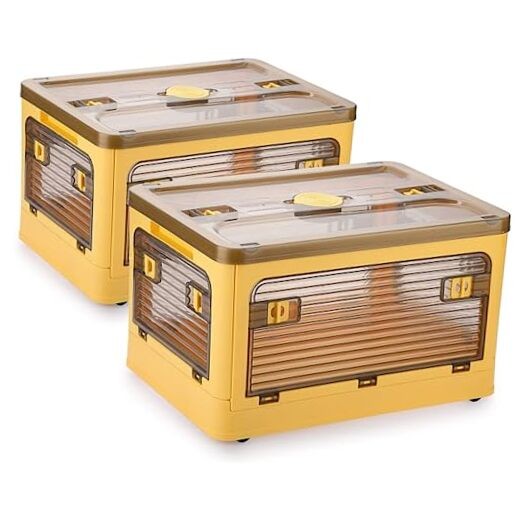 2-Pack 28L Foldable Plastic Storage Bins with Yellow Accents