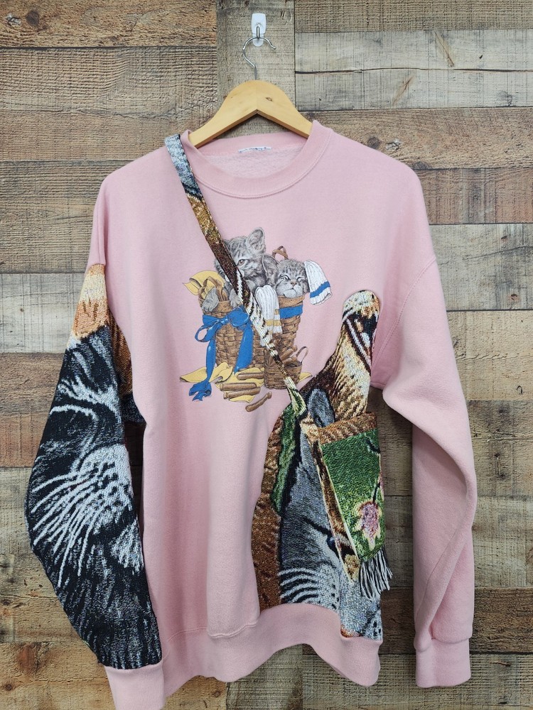 Vtg 90s Custom Reworked Upcycled Tapestry Kitten Sweatshirt W Purse Sz XL