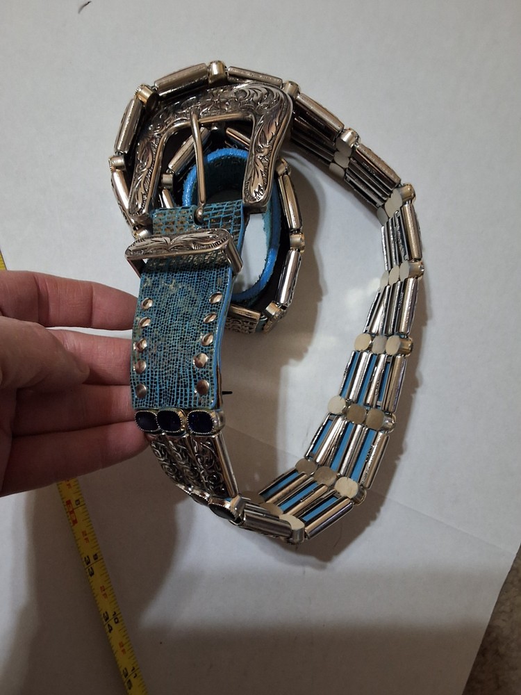 NANNI ITALY BLUE STUDDED SILVER STYLE LEATHER BELT SIZE 85/34 UNISEX HEAVY NICE