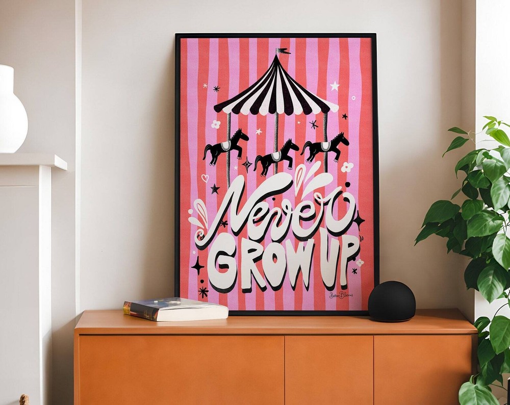 Never Grow Up Carousel Poster Maximalist Wall Art Pink Circus Print Eclectic