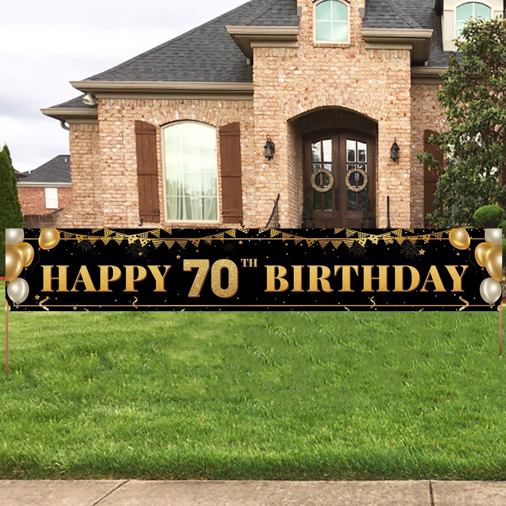 Large Happy 70th Birthday Decoration Banner, Black and Gold