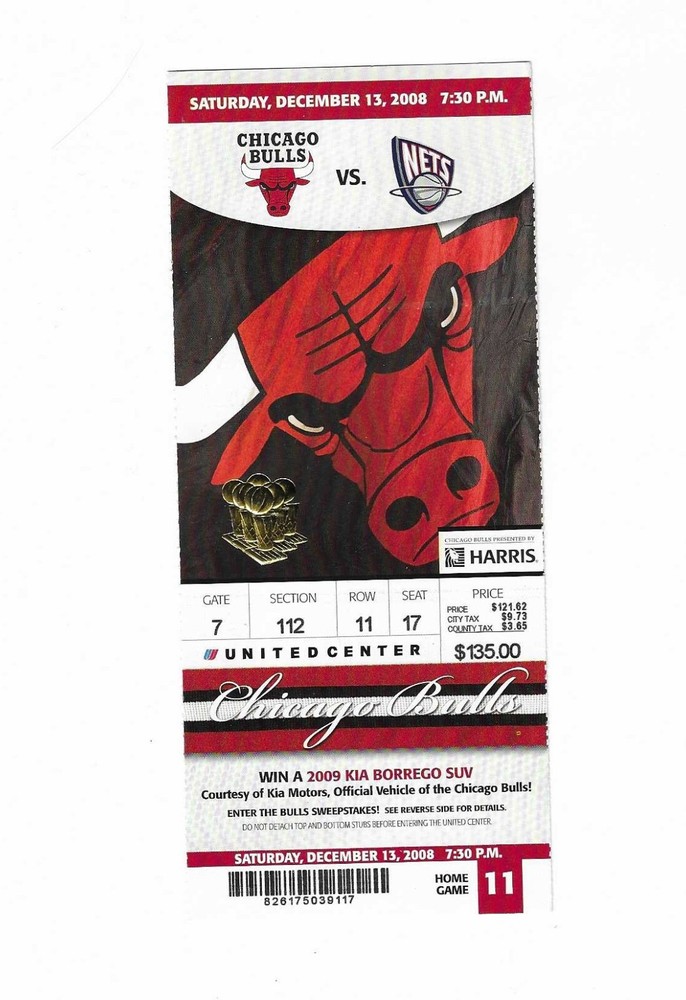 Chicago Bulls vs New Jersey Nets Unused Basketball Ticket from 12/13/2008