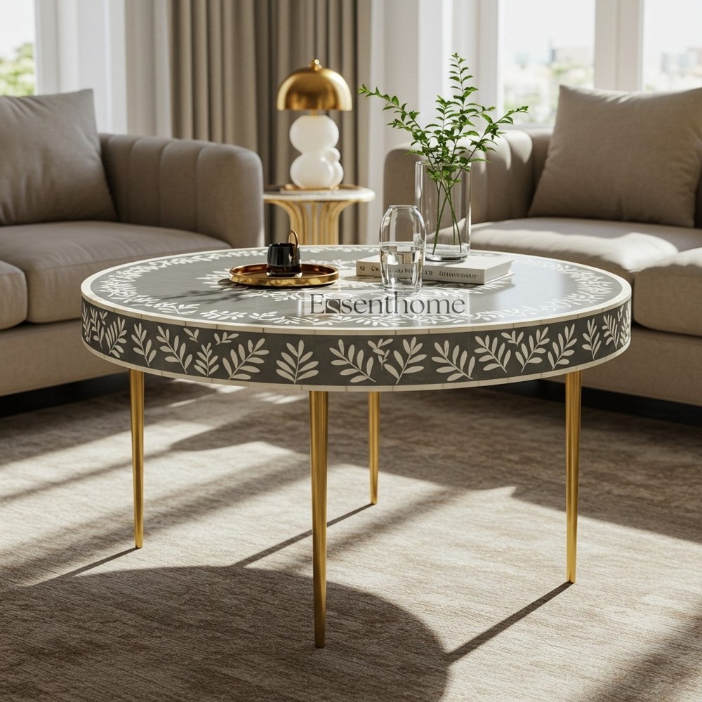 Handmade Gray Bone Inlay Coffee Table with Floral Design and Gold Legs