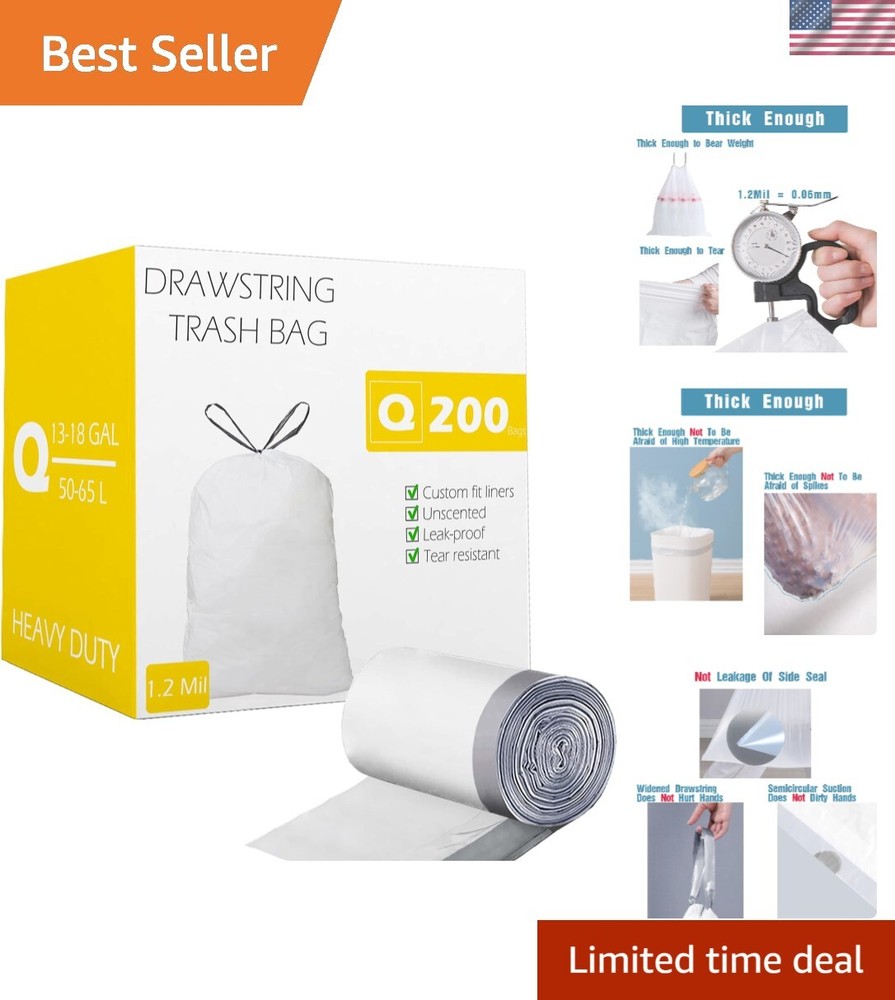 Code Q 200 Count 13-17 Gallon Heavy Duty Drawstring Trash Bags Compatible wit...