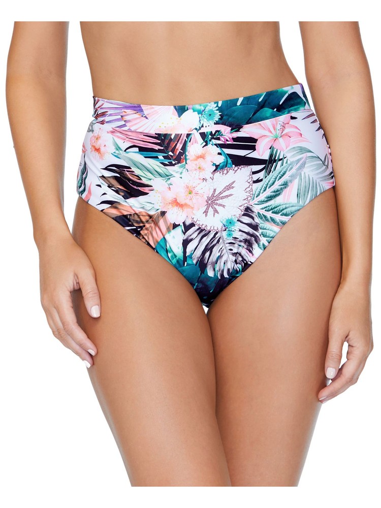 RAISINS Women's White Tropical Print Eco Capsule High Waisted Swimsuit Bottom S