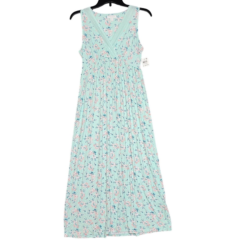 Charter Club Sleeveless Nightgown Lace Trim Caribbean Green Bloom XS
