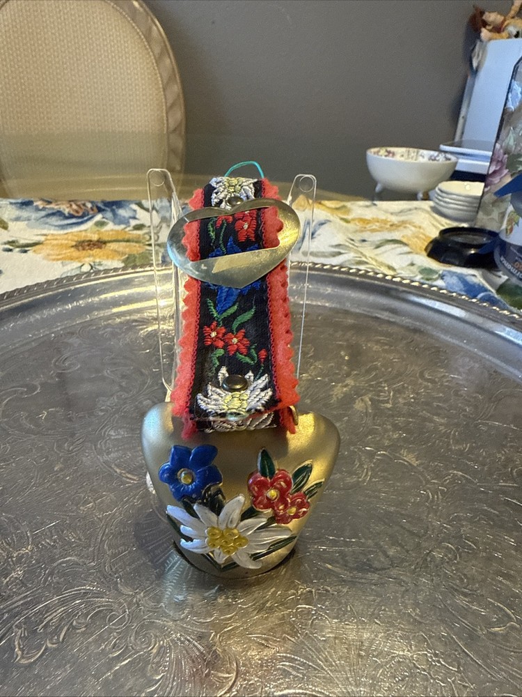 Vintage Swiss Brass Bell Hand Painted Flowers  Embroidered Strap 6.5’