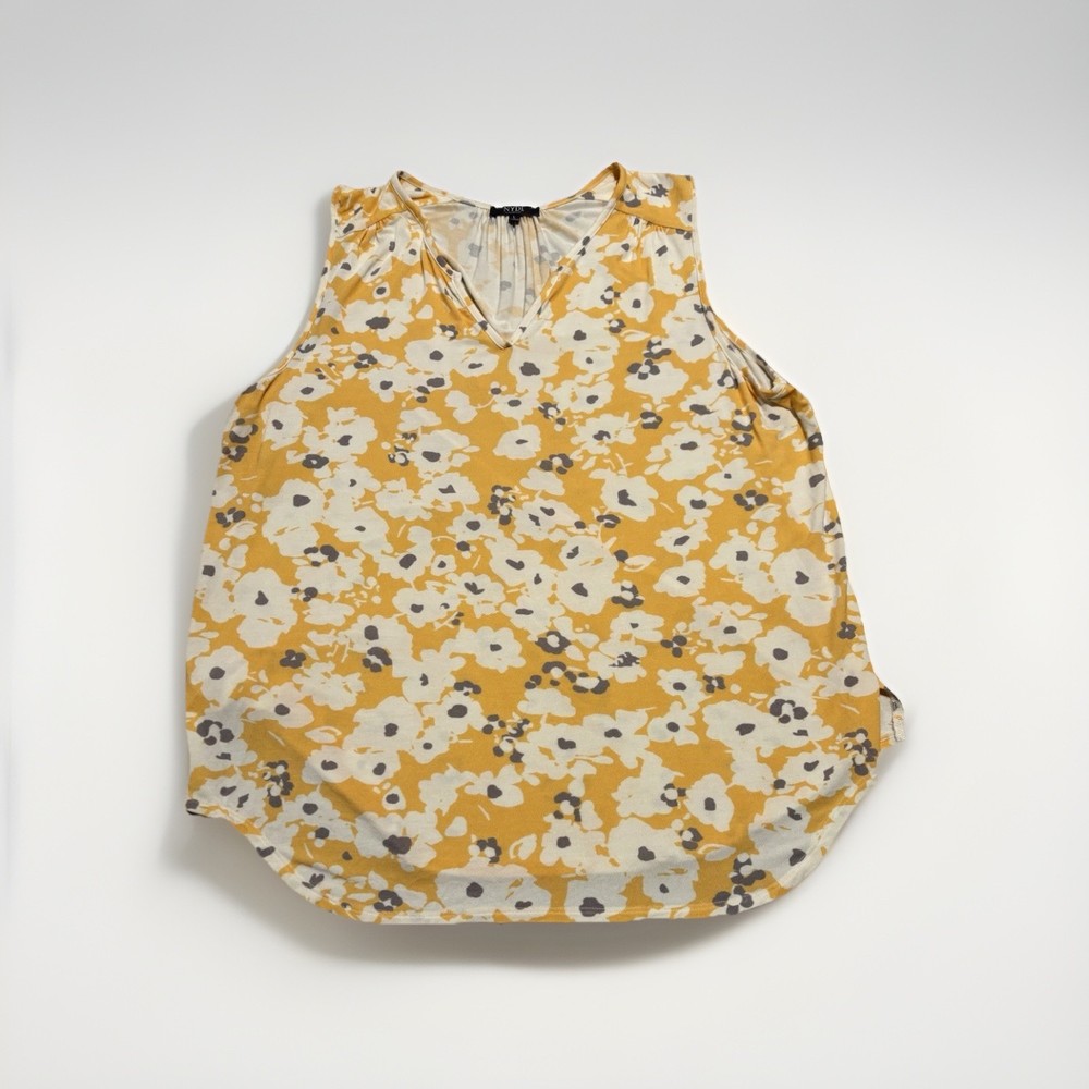 NYDJ Women’s Large Yellow Floral Sleeveless V-Neck Pleated Tank Top Blouse